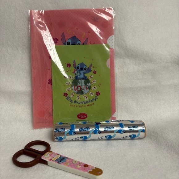 Disney Accessories - Set of 3 STITCH Scissors File Folders Green Pink Foil Roll Disney Japan